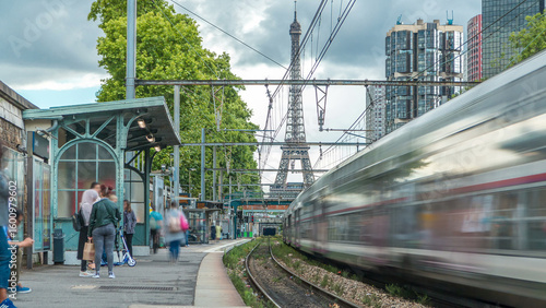 Javel train station with Eiffel tower on background timelapse. Paris, France