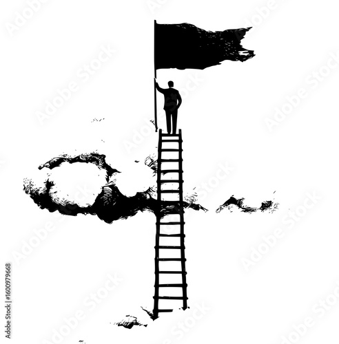 Lighthearted Flat Vector Illustration of a Man on a Cloud with Ladder and Red Flag, Against a White Background