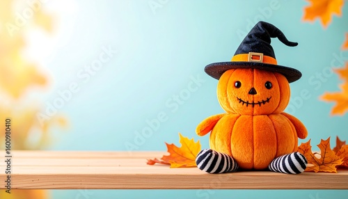 Adorable Plush Pumpkin Witch Doll on Wooden Shelf with Autumn Leaves, Cocktails & Rainbow Cookies – Cozy Halloween Decor in Warm Natural Light