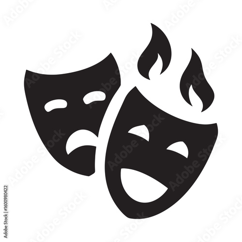 Dramatic theater masks with flaming emotions and contrasting expressions