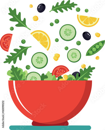 Fresh vegetable salad bowl with cucumber tomato lemon and olives vector illustration