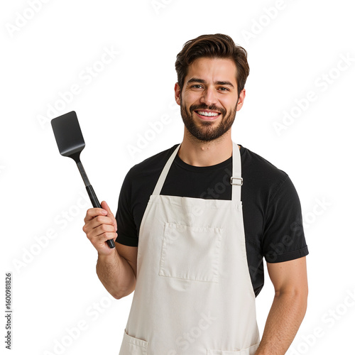 Confident chef smiles holding a spatula, ready to prepare delicious meals for your culinary projects and restaurant promotions.