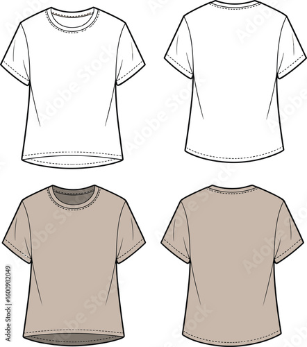 Women's Basic Short Sleeve T-Shirt Design Mockup, White and Beige, Front and Back Views, Technical Flat Sketch, Casual Apparel Template for Brand Development.