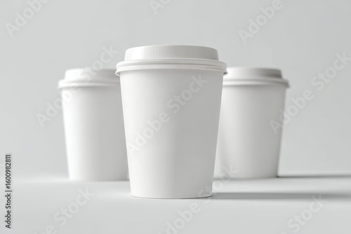Wallpaper Mural Minimalist studio mockup of three white 8 oz paper coffee cups with plastic lids, one in sharp focus in the front center, two slightly blurred in the background Torontodigital.ca