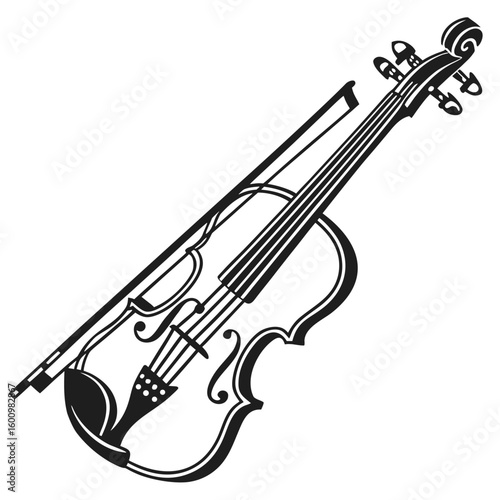 Elegant Violin and Bow Musical Instrument Illustration with Detailed Strings and Scroll