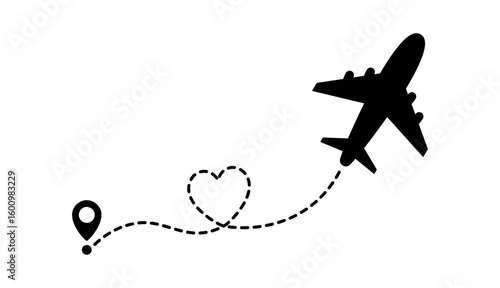 Airplane with Heart Flight Path and Location Pin. Romantic Travel Concept, Love Journey, Honeymoon Trip, Long Distance Relationship, Valentine Flight Route Symbol in Black Silhouette