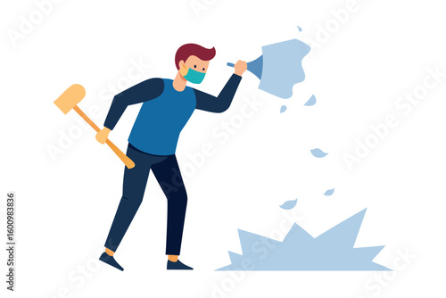 Person wearing mask chipping ice with a mallet