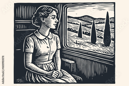 A young woman in a vintage dress travels by train, looking out the window at a rural landscape. Nostalgic scene in a retro woodcut vector style.
