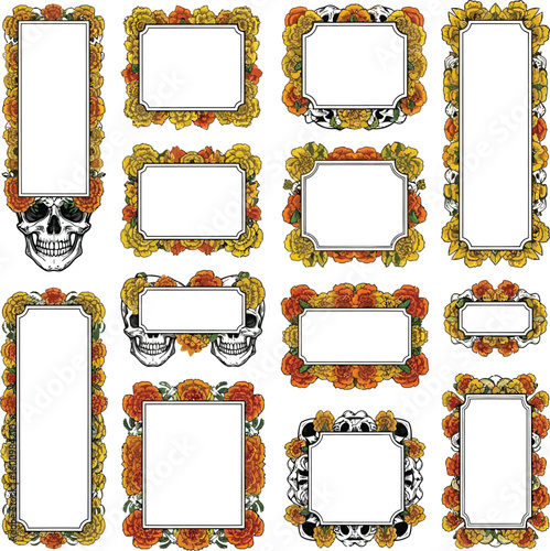 Day of the dead frames with marigolds and skulls vector illustration for dia de muertos designs