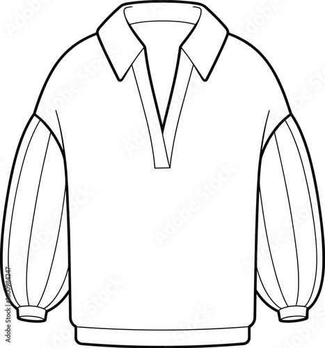 Women's Stylish Collared V-Neck Blouse with Voluminous Gathered Sleeves, Front View, Technical Flat Sketch, Fashion Apparel Template, Trendy Top Vector Illustration for Brand Development.