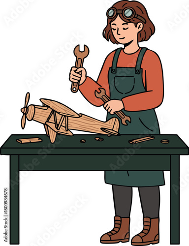Girl building wooden model airplane with wrench and goggles at workbench vector illustration