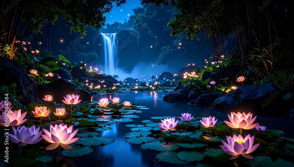 Fototapeta premium Mystical forest waterfall scene at night