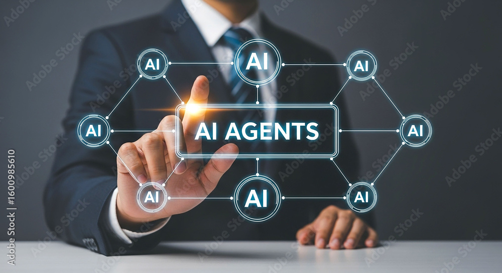 Obraz premium Businessman interacting with ai agents interface on digital screen with connections shown