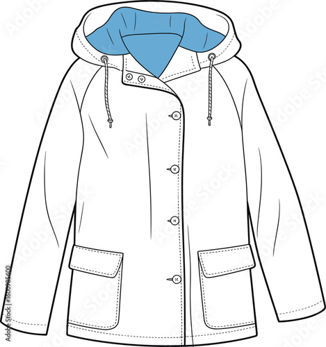 Unisex Raincoat Jacket Design with Hood and Pockets, Front View, Technical Flat Sketch, Waterproof Outerwear Fashion Template, Rainy Weather Apparel Vector Illustration for Brand Development.