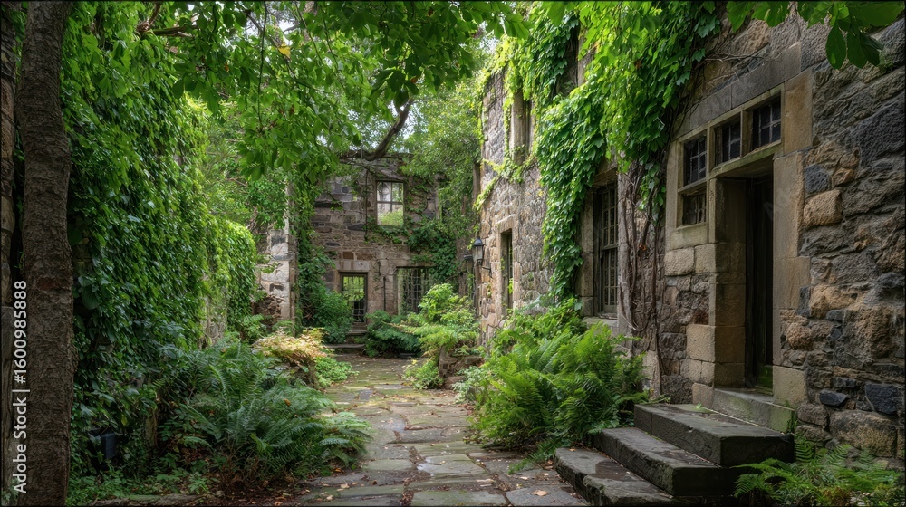 Fototapeta premium Stone courtyard overgrown with lush greenery