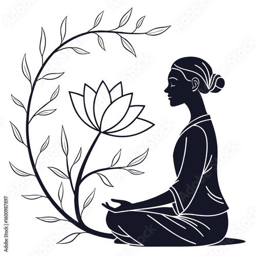 Serene Woman Meditating Beside Blooming Lotus Flower in Peaceful Setting