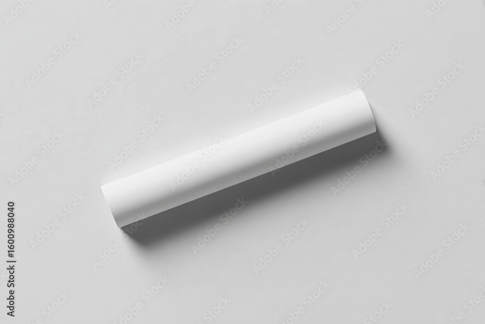 Top-down view of a single blank white A3 poster rolled into a horizontal cylinder, placed diagonally on a smooth light gray surface, soft natural lighting, subtle drop shadow Top-down view of a single blank white A3 poster rolled into a horizontal cylinder, placed diagonally on a smooth light gray surface, soft natural lighting, subtle drop shadow