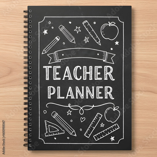 Teacher Planner Chalkboard Cover. Hand Drawn Classroom Themed Notebook for Back to School