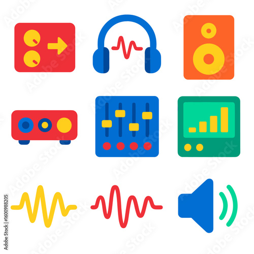 Vibrant Sound Icons. Flat vector icons of sound equipment signals: mixer output, headphone with wave, studio speaker. audio