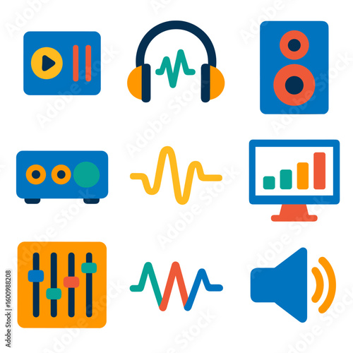 Vibrant Sound Icons. Flat vector icons of sound equipment signals: mixer output, headphone with wave, studio speaker. audio