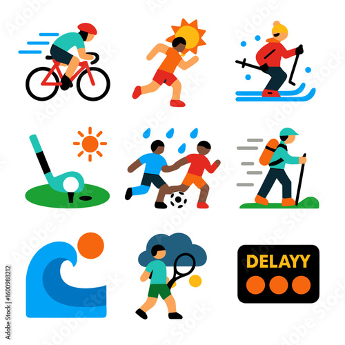 Vibrant Weather Icons. Flat vector icons of weather for sports: cyclist in wind, runner in heat, skier in snow, golf under sun,