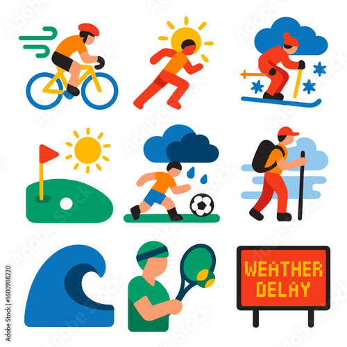 Vibrant Weather Icons. Flat vector icons of weather for sports: cyclist in wind, runner in heat, skier in snow, golf under sun,