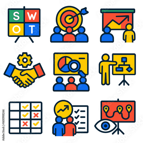 Business Strategy Icons. Flat vector icons of business strategy teamwork: SWOT board, strategic alignment, market analysis group,