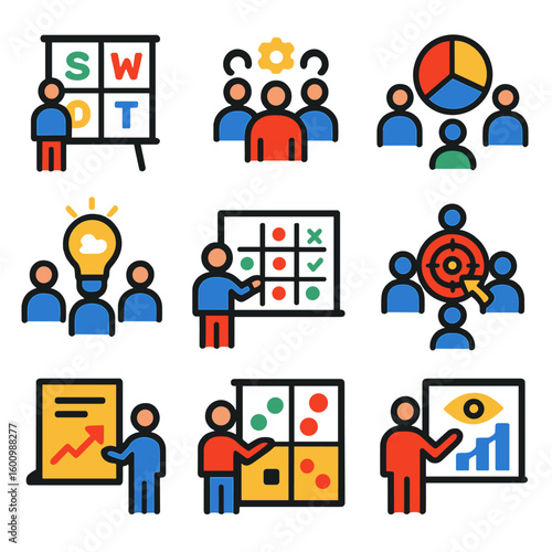 Business Strategy Icons. Flat vector icons of business strategy teamwork: SWOT board, strategic alignment, market analysis group,