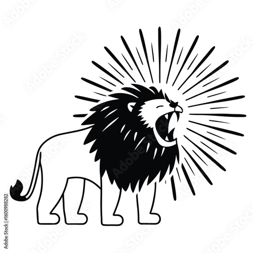 Powerful Roaring Lion Illustration with Sunburst Effect
