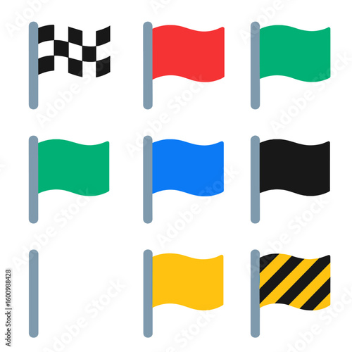 Racing Flags Icons. Flat vector icons of racing flags: checkered finish flag, red stop flag, yellow caution flag, green start flag
