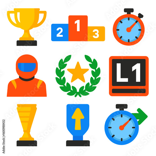 Racing Icons Collection. Flat vector icons of racing achievements and trophies: gold cup, podium platform, fastest lap icon,