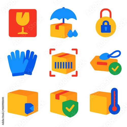 Colorful Delivery Icons. Flat vector icons of delivery safety: fragile sticker icon, waterproof package, sealed box, security tag,