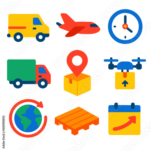 Colorful Shipping Icons. Flat vector icons of shipping options: standard delivery van, express air plane, overnight clock icon,