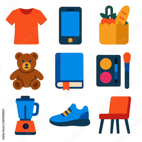 Colorful Flat Icons. Flat vector icons of product categories: fashion shirt, electronic gadget, grocery bag, toy bear, book with