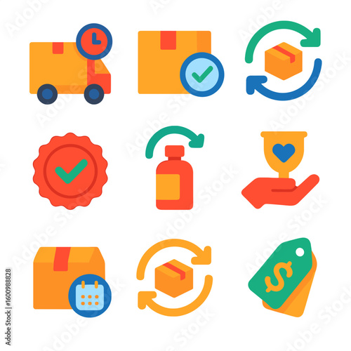 Vibrant Subscription Icons. Flat vector icons of subscription and repeat orders: auto delivery icon, scheduled box, recurring