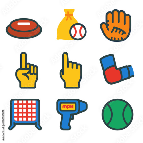 Pitching Essentials Icons. Flat vector icons of pitcher essentials: pitching mound, rosin bag, pitching glove, grip icon, pitch