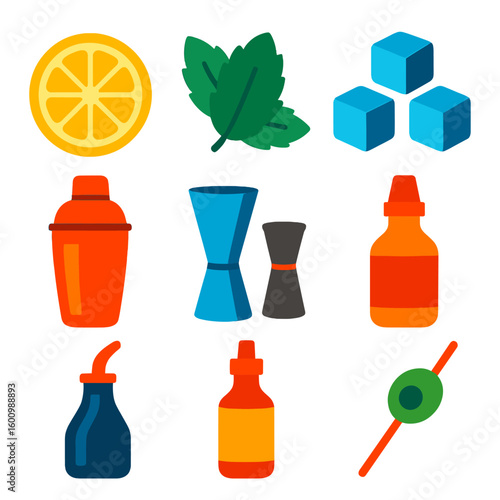 Colorful Cocktail Icons. Flat vector icons of cocktail ingredients: citrus slice, mint leaf, sugar cube, ice cubes, cocktail