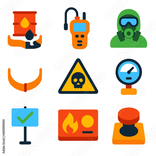 Environmental Safety Icons. Flat vector icons of environmental safety and monitoring: oil spill containment, gas leak detector,