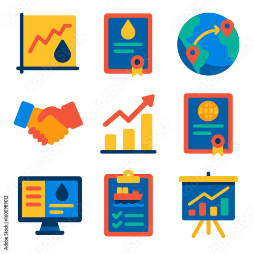 Flat Energy Market Icons. Flat vector icons of energy market and export: oil price graph, gas contract icon, global supply route,