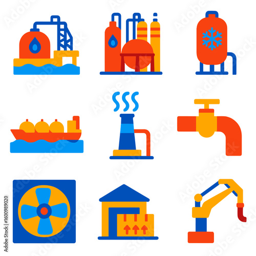 Modern LNG Icons. Flat vector icons of LNG and gas processing: LNG terminal, gas liquefaction plant, cryogenic tank, gas tanker