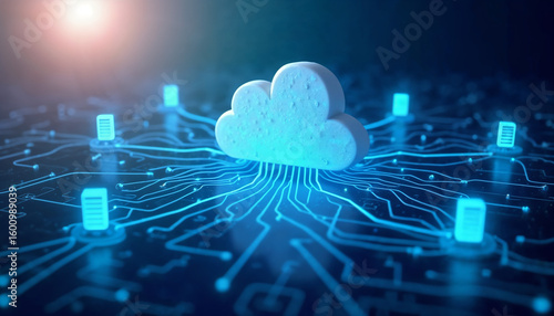 Cloud computing concept with cloud icon surrounded by data transfer lines and server icons side angle, on a blue abstract tech background