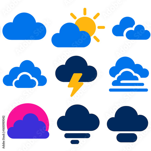 Vibrant Weather Icons. Flat vector icons of cloud and sky conditions: overcast cloud, partly sunny icon, scattered clouds, broken
