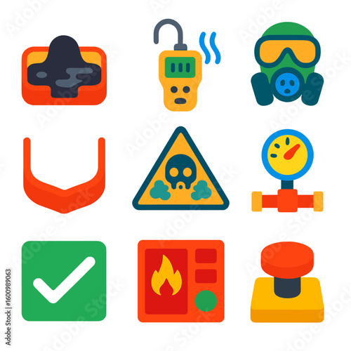 Environmental Safety Icons. Flat vector icons of environmental safety and monitoring: oil spill containment, gas leak detector,