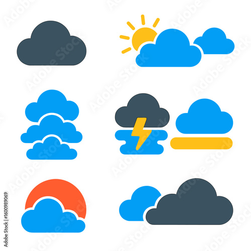 Vibrant Weather Icons. Flat vector icons of cloud and sky conditions: overcast cloud, partly sunny icon, scattered clouds, broken