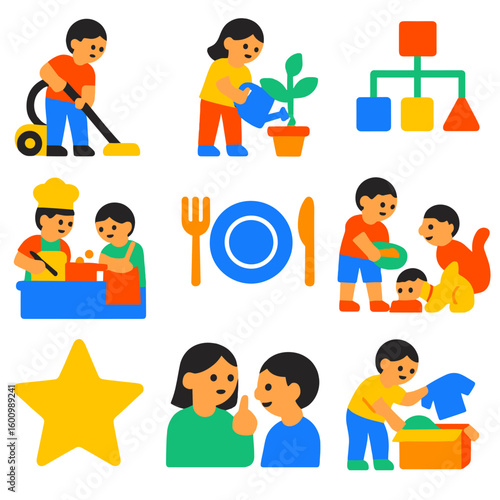 Household Chores Icons. Flat vector icons of household responsibilities and teaching: child helping clean, watering plant, toy