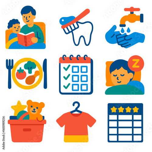 Daily Routine Icons. Flat vector icons of routines and habits: bedtime story, brushing teeth, washing hands, meal schedule, daily