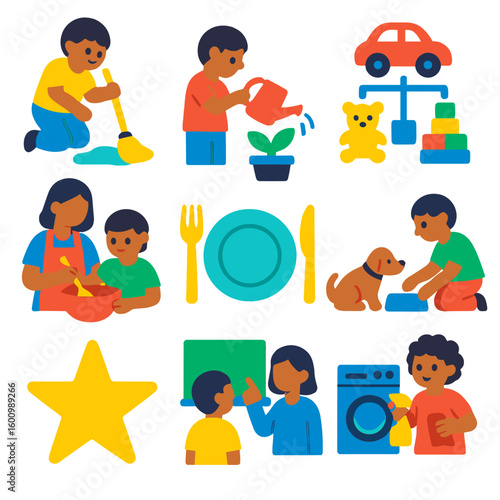 Household Chores Icons. Flat vector icons of household responsibilities and teaching: child helping clean, watering plant, toy