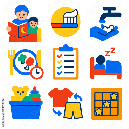 Daily Routine Icons. Flat vector icons of routines and habits: bedtime story, brushing teeth, washing hands, meal schedule, daily