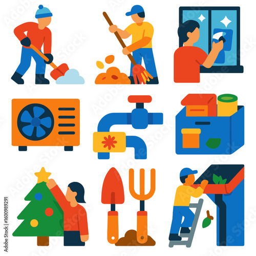 Seasonal Chore Icons. Flat vector icons of seasonal household chores: snow shoveling, leaf raking, window cleaning, HVAC