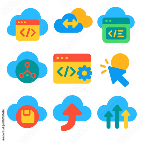 Cloud Development Icons. Flat vector icons of cloud-based development: cloud IDE icon, remote repo sync, code in cloud window,
